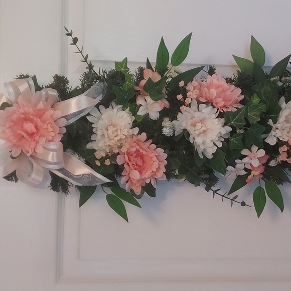 Floral Swag Wreath , Front Door Decoration , Peach & White - Picture 3 of 7